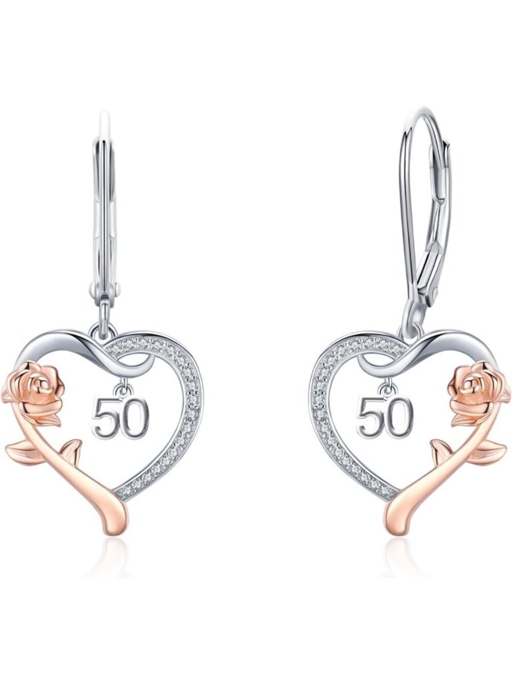 925 Sterling Silver Love Heart Rose Flower Drop Dangle Earrings - Perfect